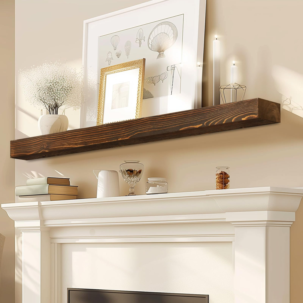60x8x3in Rustic Fireplace Mantel Pine Wood, Weathered Brown