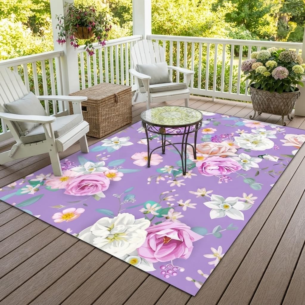 White Pink Beige Gentle Elegant Outdoor Floral Rugs 9x12 Contemporary Aesthetic Texture Thin Non Slip Durable Indoor Outside Carpets for Garden Backyard Balcony Patio Deck Veranda Deck Mats