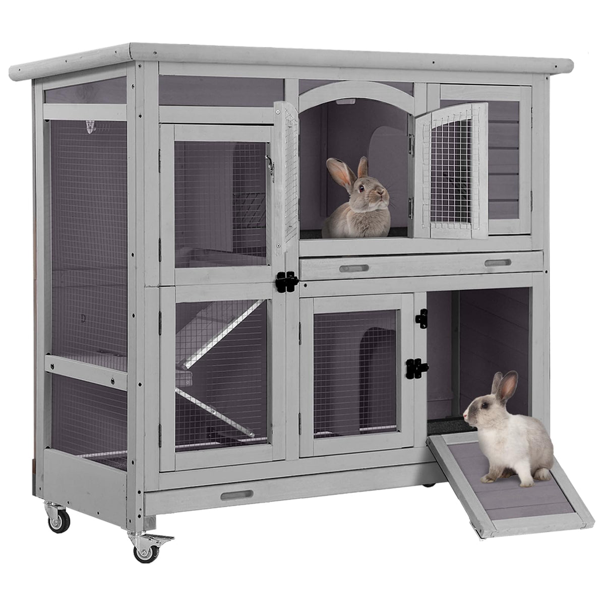 GUTINNEEN Wooden Duplex Rabbit Cage on Wheels with Chew-Proof Ramp, Grey