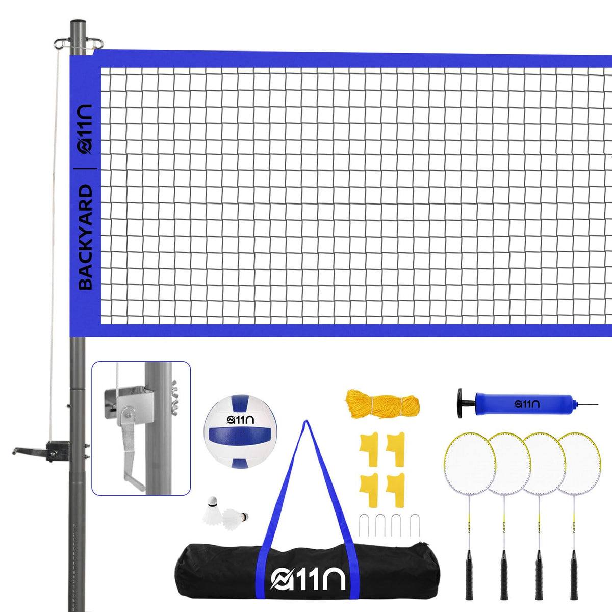 A11N SPORTS Outdoor Volleyball and Badminton Combo Set - Includes Adjustable Height Anti-Sag Net, Volleyball, Air Pump, 4 Badminton Rackets, 2 Shuttlecocks, Boundary Line Marker, and Carrying Bag