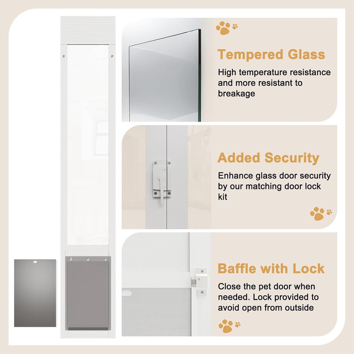 Doggie Door for Sliding Glass Door, 10"x15" Brown Flap for Large Dog, White