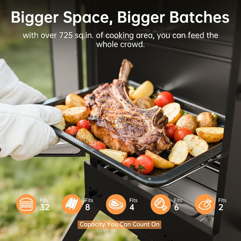 30-inch Electric Vertical BBQ Smoker with Temperature Control, 3 Cooking Grates, Water & Wood Trays, Leg Kit, 725 sq in for Outdoor Backyard, Black