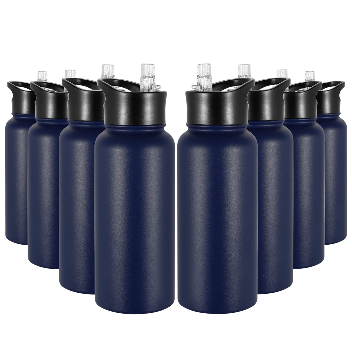 32 oz Insulated Water Bottle Bulk 8 Pack, Stainless Steel Sports Water Bottles with Straw Lid & Wide Mouth Lids, Double Walled Vacuum, Leak Proof, White