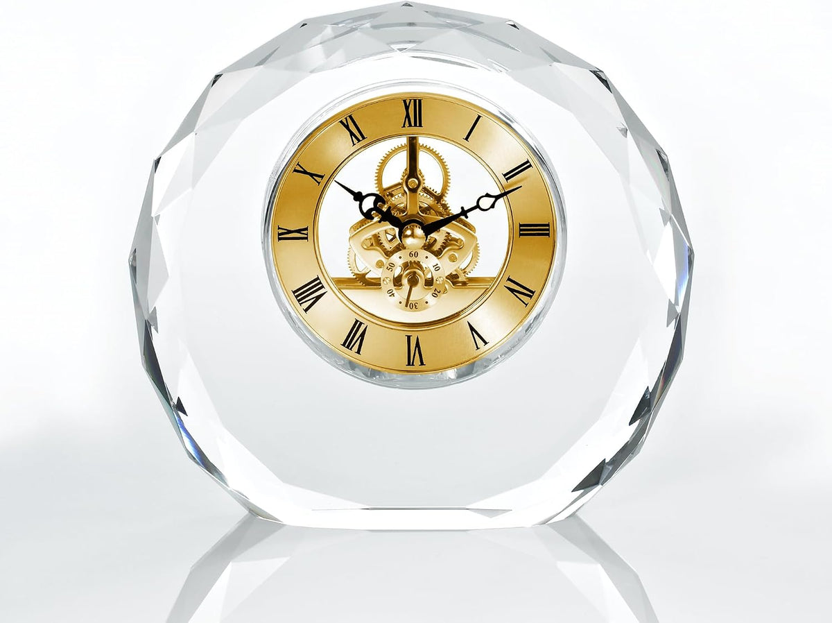 Engraved Clock Trophy - Gold Executive Crystal - Round Beveled Skeleton