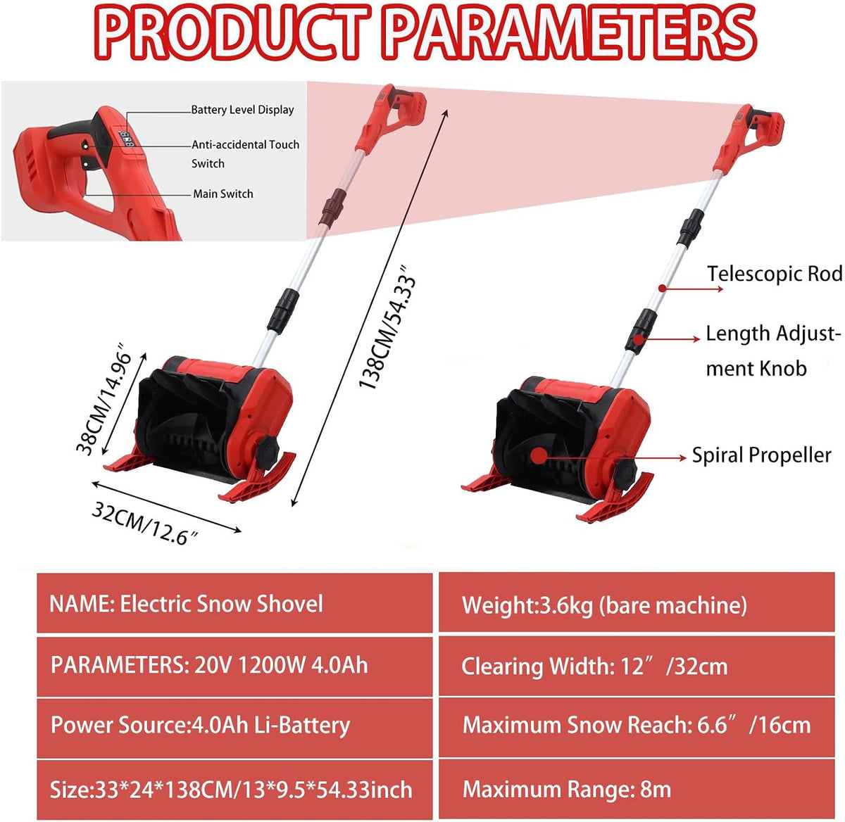 Electric Shovel with 20V Battery & 1200W Motor, Cordless Snow Shovel 32CM Clearing Width, Snow Removal Tools for Doorstep, Stairs, Driveway