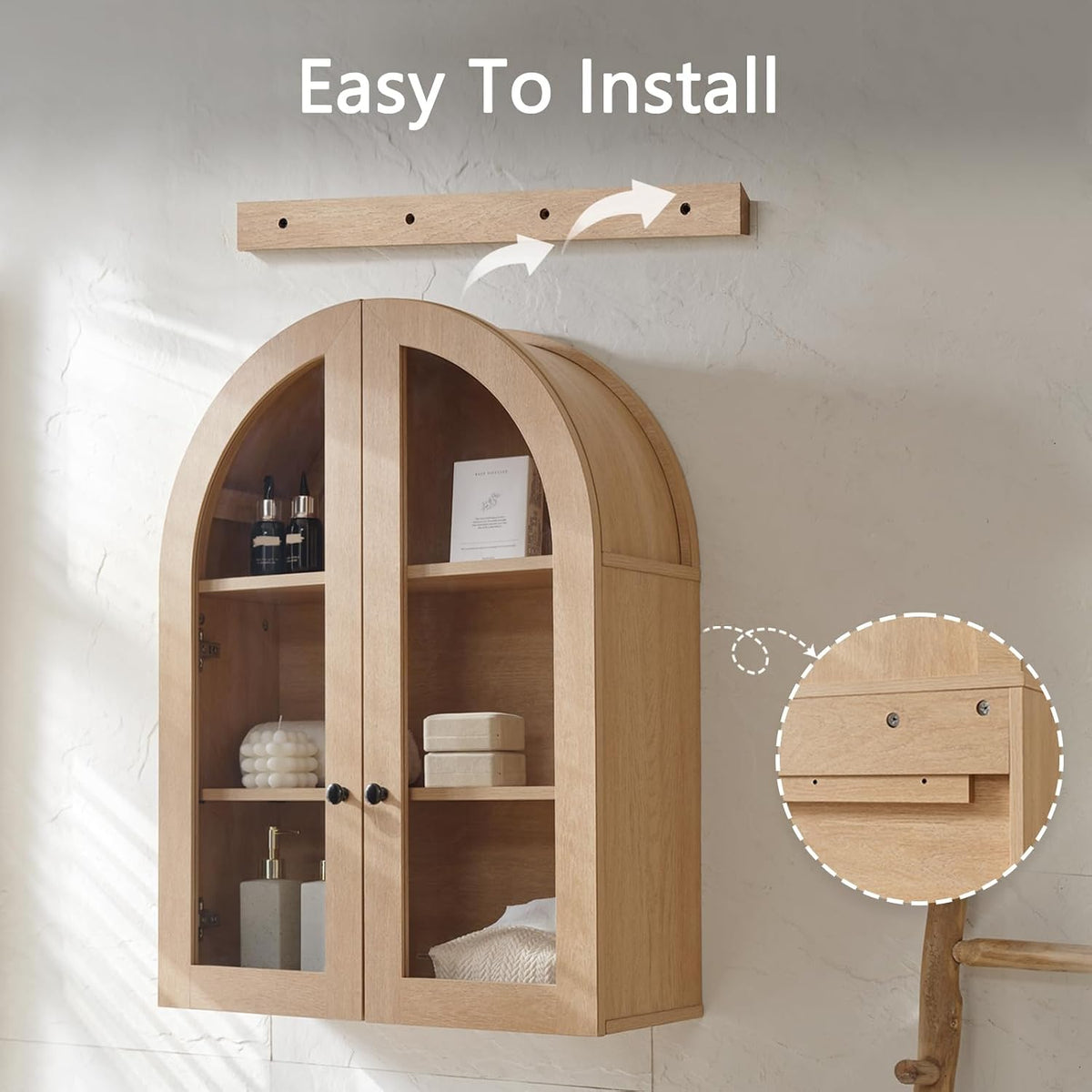Bathroom Arched Wall Cabinet Over The Toilet Storage Cabinet, 23.5×31.4 Inch bathroom cabinet wall mount with Glass Doors & Adjustable Shelves, Wood Cabinet for Laundry Room, Kitchen,Natural oak