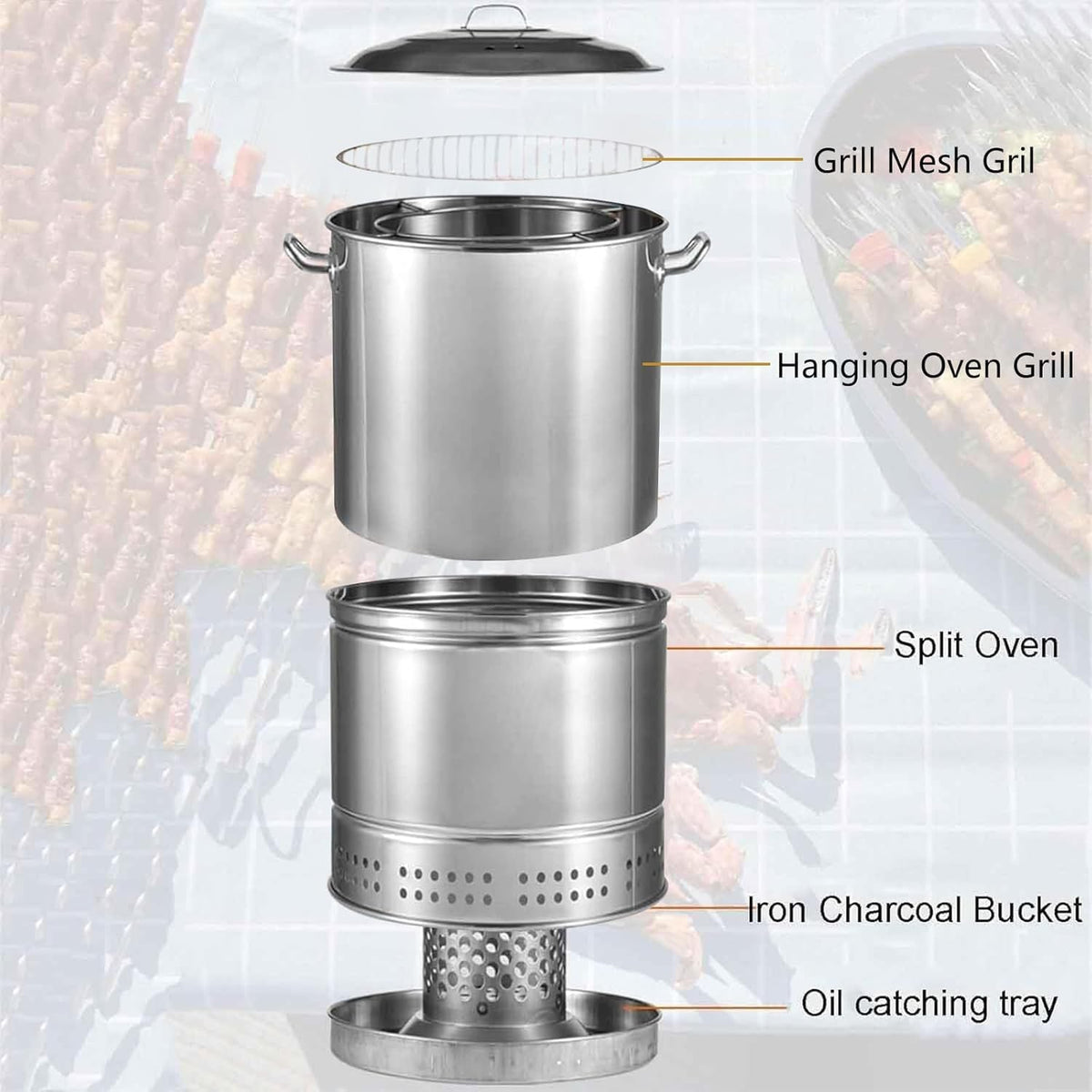 2-in-1 Heavy Duty Freestanding Charcoal BBQ Smoker - Cylinder One-piece Charcoal BBQ Grill w/3 S Hooks Can Hold 50 Skewers for Garden Camping Outdoor Cooking and Grilling