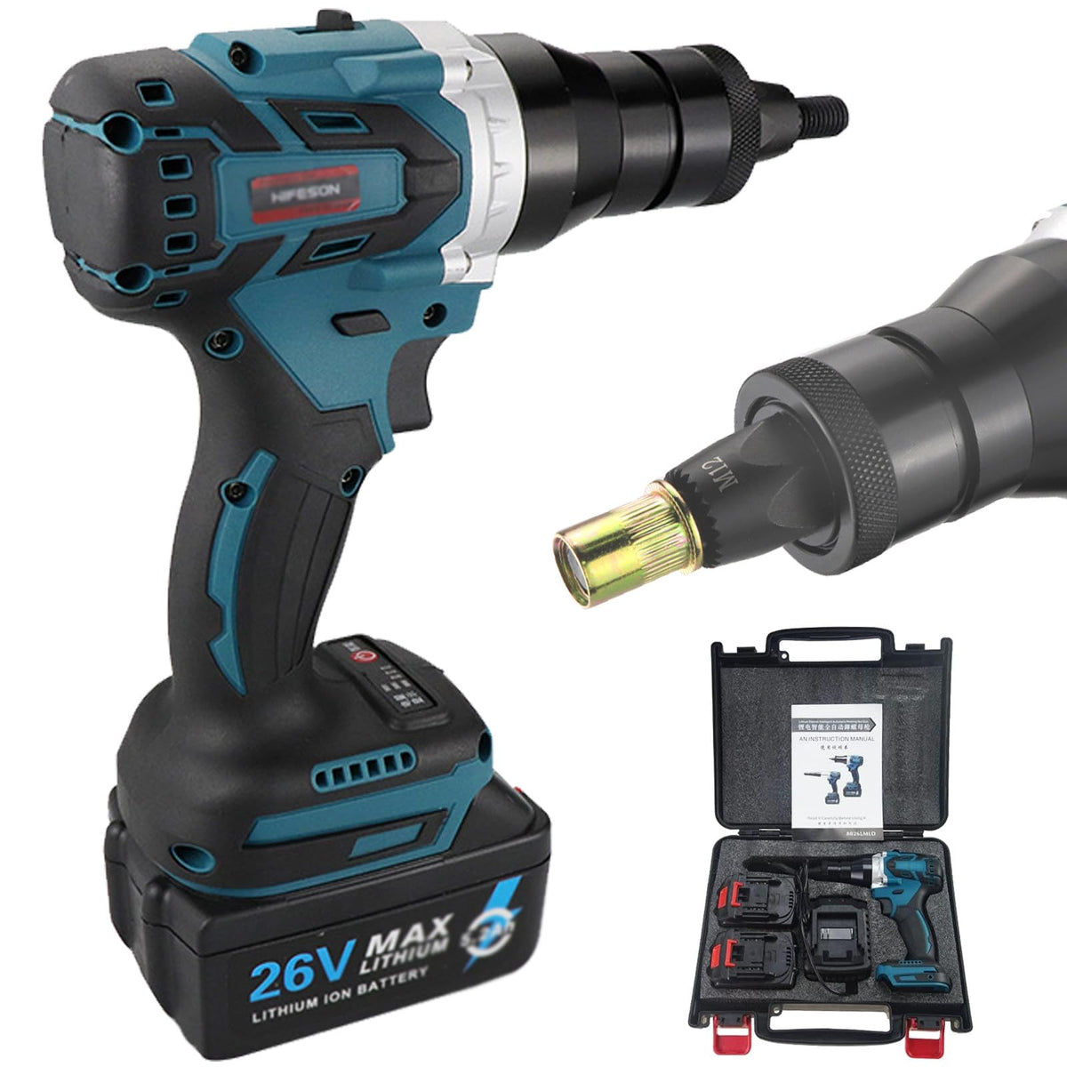 2-in-1 Cordless Rivet Nut Gun Set,Portable Automatic Rivet Gun with M3/M4/M5/M6/M8/M10/M12 Battery Powered Pop Rivet Insert Installation Tool,2Battery-2200mAh