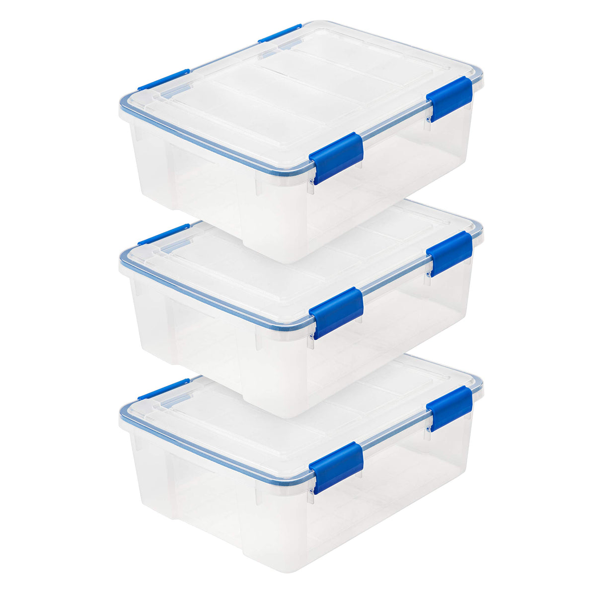 IRIS USA 3-Pack 60 Qt Storage Bins with Gasket Lids, Clear/Blue