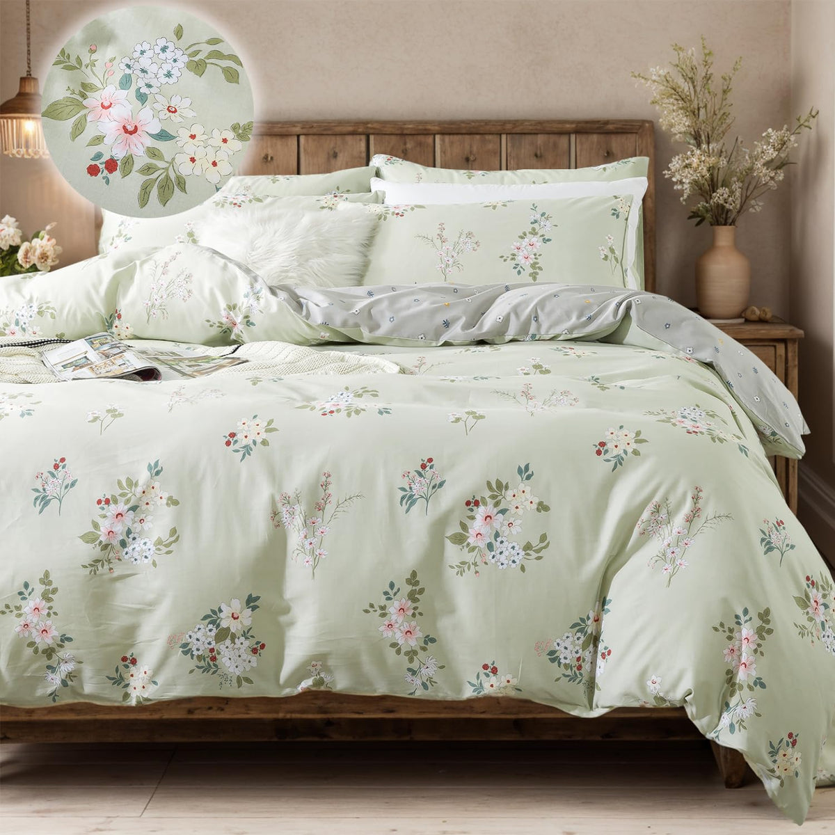 FADFAY Floral Duvet Cover Set 100% Cotton Green Striped and Beige Bedding White Flower Branches Print 600 TC Soft Reversible Zipper Bed Cover & 2 Pillowcases,King/Cal King(106x92)