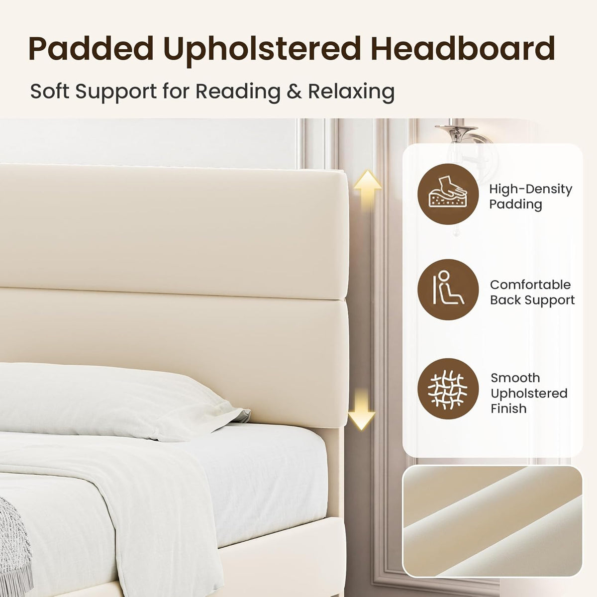 GRUSIGN King Size Platform Bed Frame with Velvet Headboard, Adjustable Height Wooden Slats Support, Upholstered Mattress Foundation, Fits Mattress or Mattress with Box Spring, Easy Assembly, Beige