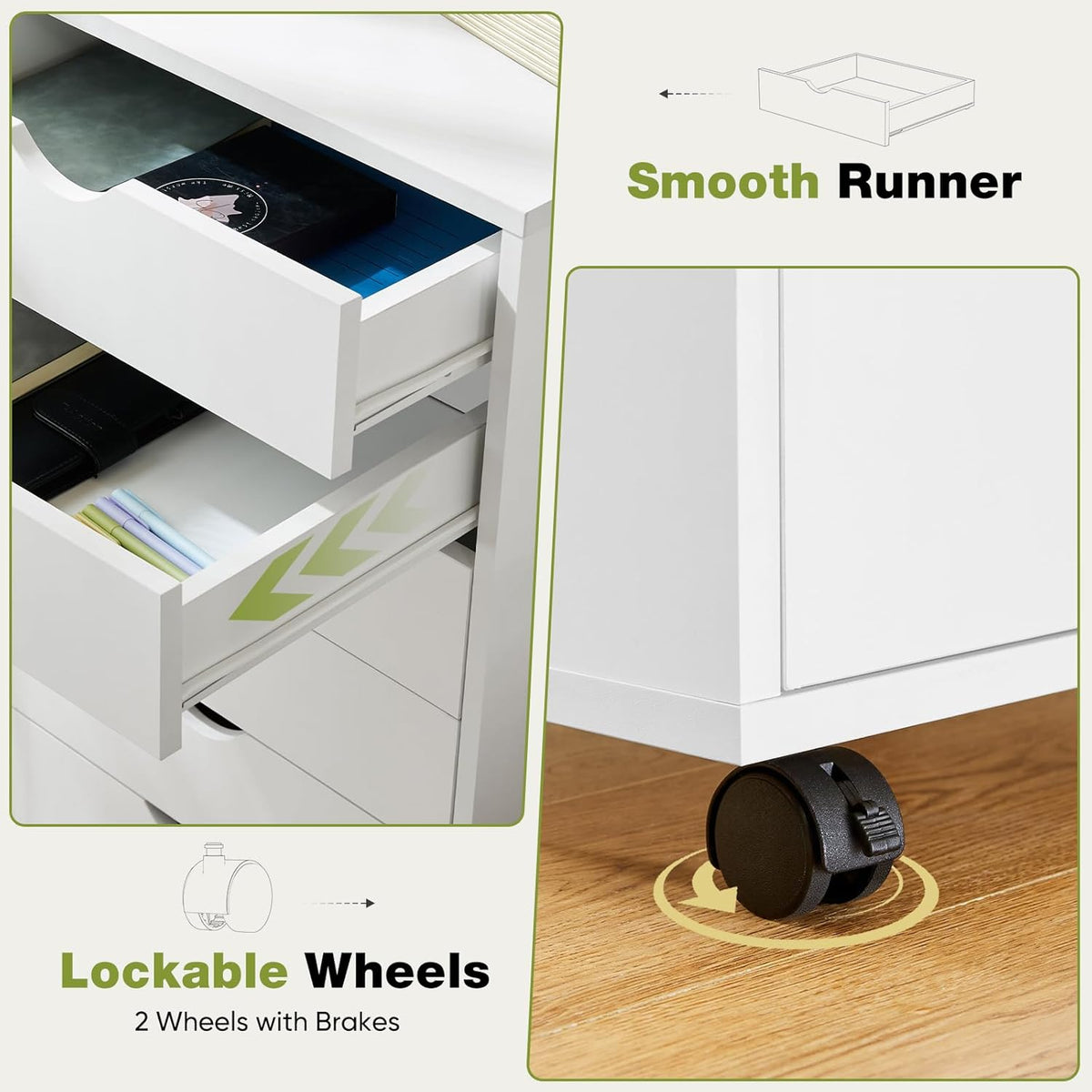 Sweetcrispy 7 Drawer Rolling Storage Cabinet, Wood Under Desk Mobile Dresser with Wheels, Small Organizer Chest for Home Office, Bedroom, Living Room, Compact Vertical Storage Furniture Unit, White