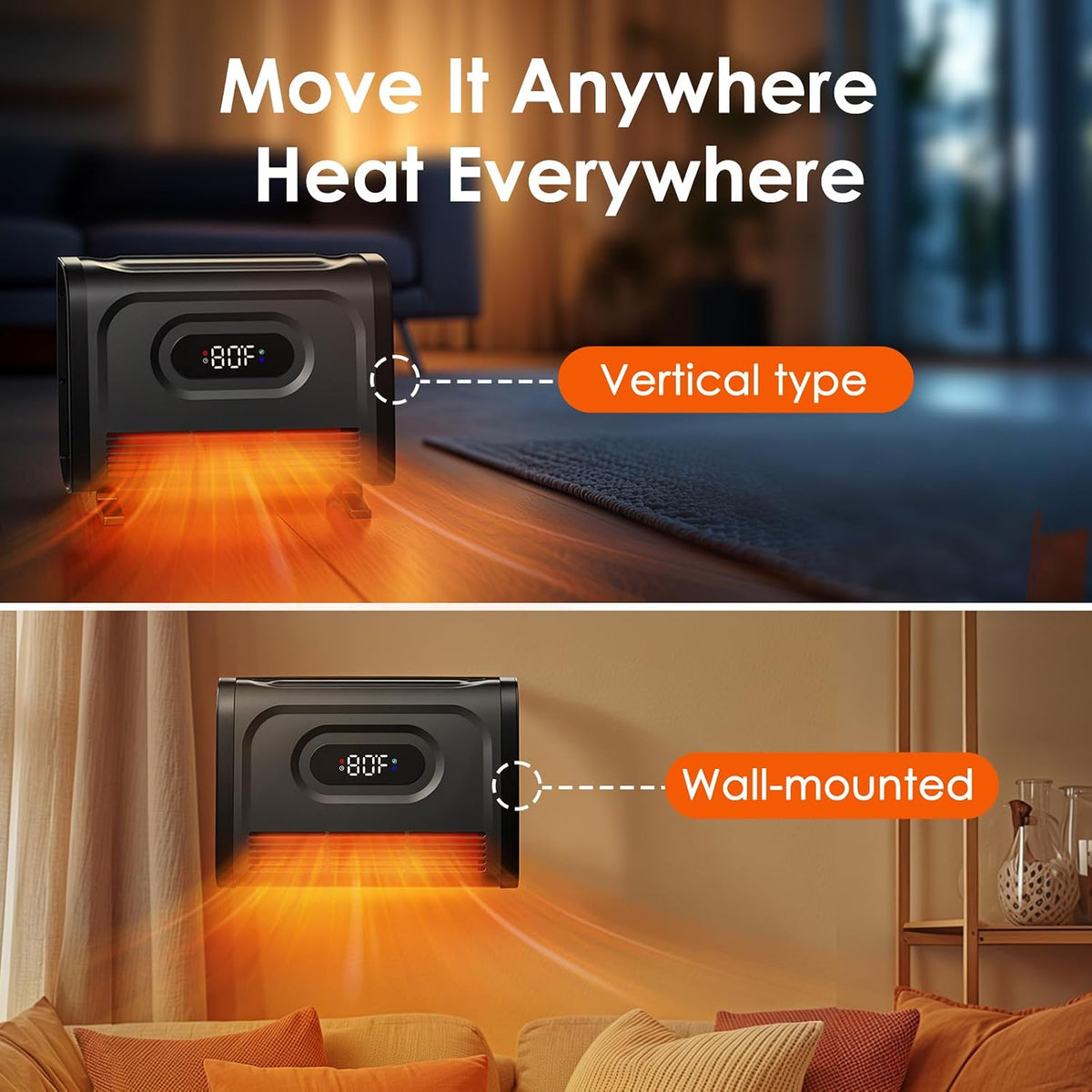 Air Choice Infrared Space Heater, 1500W Wall Heater with Attachable Feet, Adjustable Thermostat, Remote, 12H Timer, Safety Child Lock, Easy-Mount Electric Heating for Indoor Use, Garage, Bathroom
