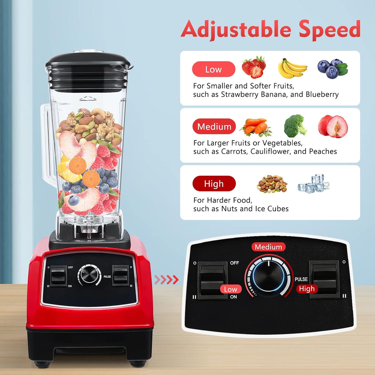 Professional Blender, 2000ml Capacity, 2200W Power, 45000RPM Speed, Red Color, Smoothies and Shakes