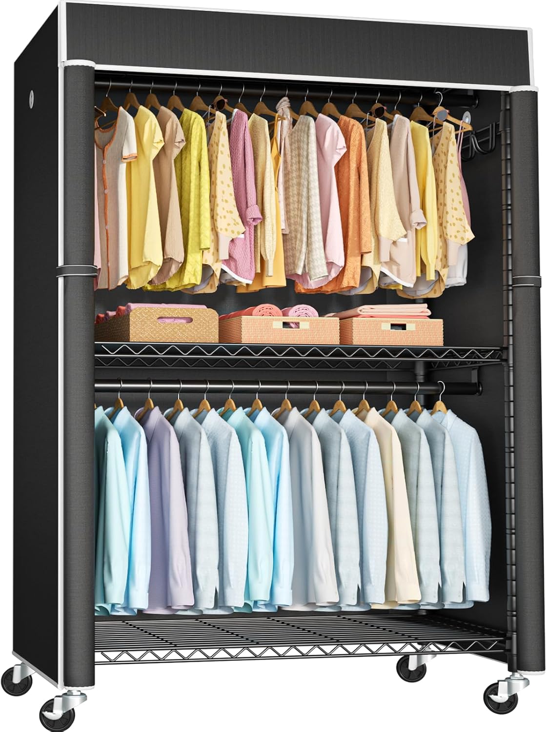 FUTASSI Black Clothing Rack with Black Cover, P1C Plus Rolling Closet