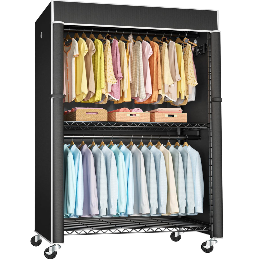 FUTASSI Black Clothing Rack with Black Cover, P1C Plus Rolling Closet