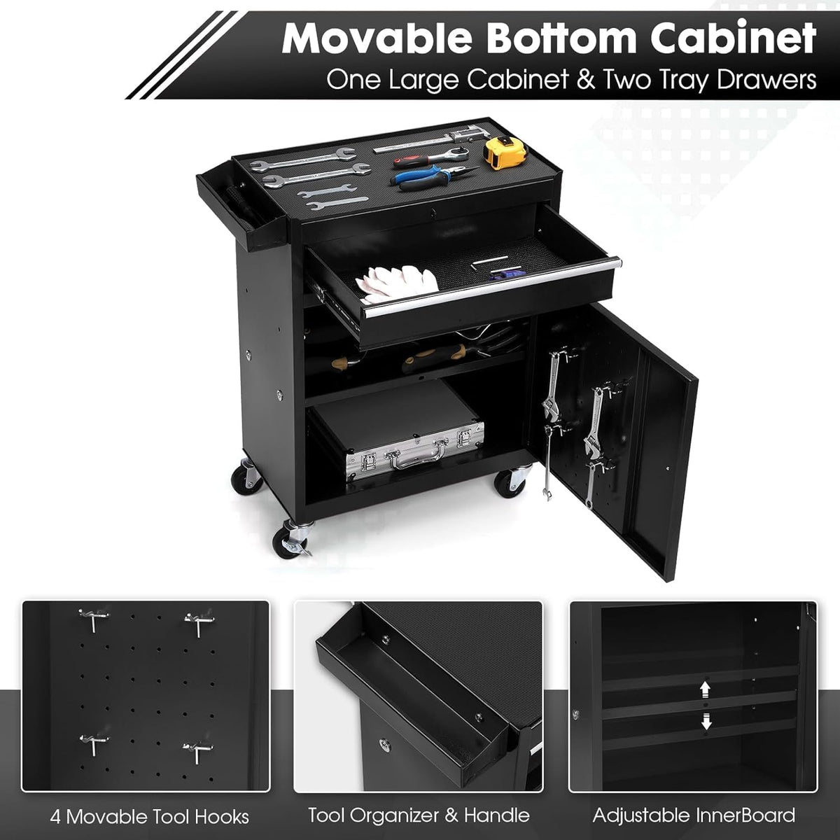 5-Drawer Rolling Tool Box with Lockable Wheels, Tool Chest with Detachable Tool Box, 4 Hooks, and Liner, Heavy-Duty Metal Tool Cart for Garage and Workshop Storage, Black