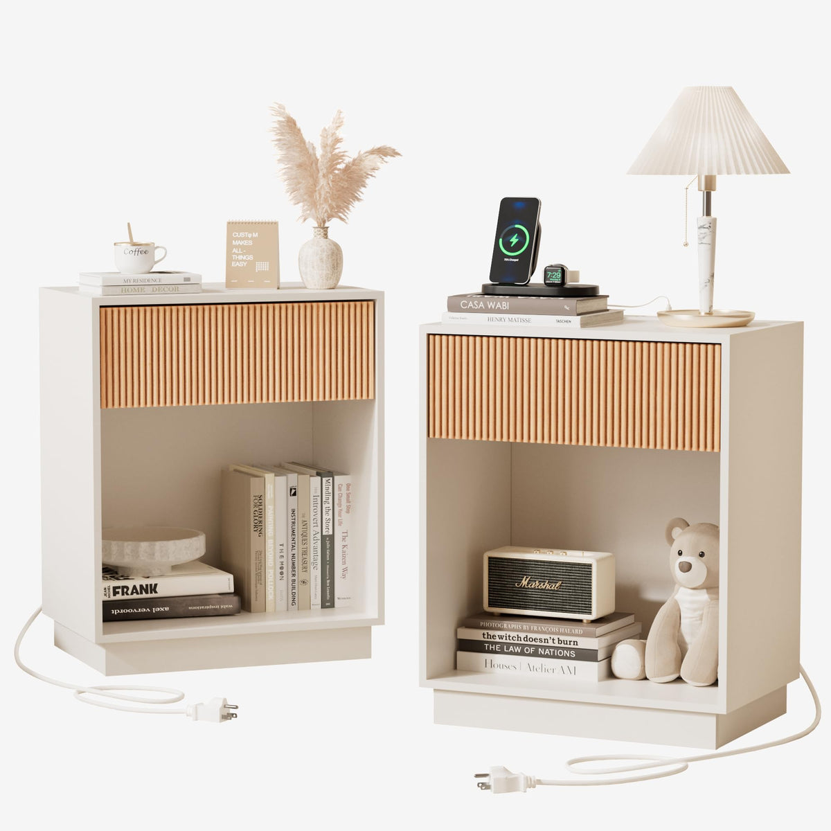 Fluted Nightstands Set of 2, Modern Bedside Table with Storage Drawer and Open Wood Shelf, Wood End Table Mid Century Night Stands for Bedroom Living Room Sofa Couch Office Walnut Brown