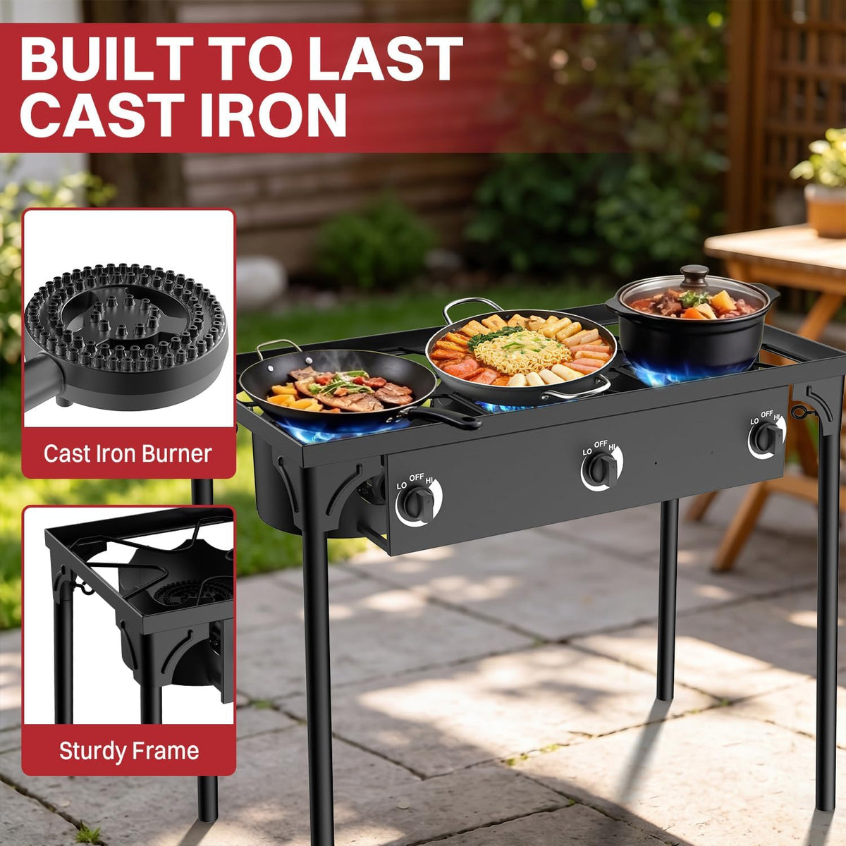 3 Burner Propane Camp Stove | 225,000 BTU | High Pressure Gas Burners