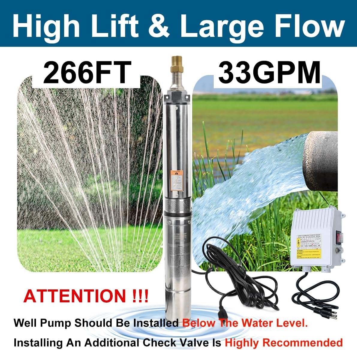 Deep Well Submersible Pump with Control Box 1HP 115V Well Pump Submersible Water Pump Stainless Steel 33 GPM,266ft Lift 100ft Power Cord ON/OFF Switch for 4" Deep Well