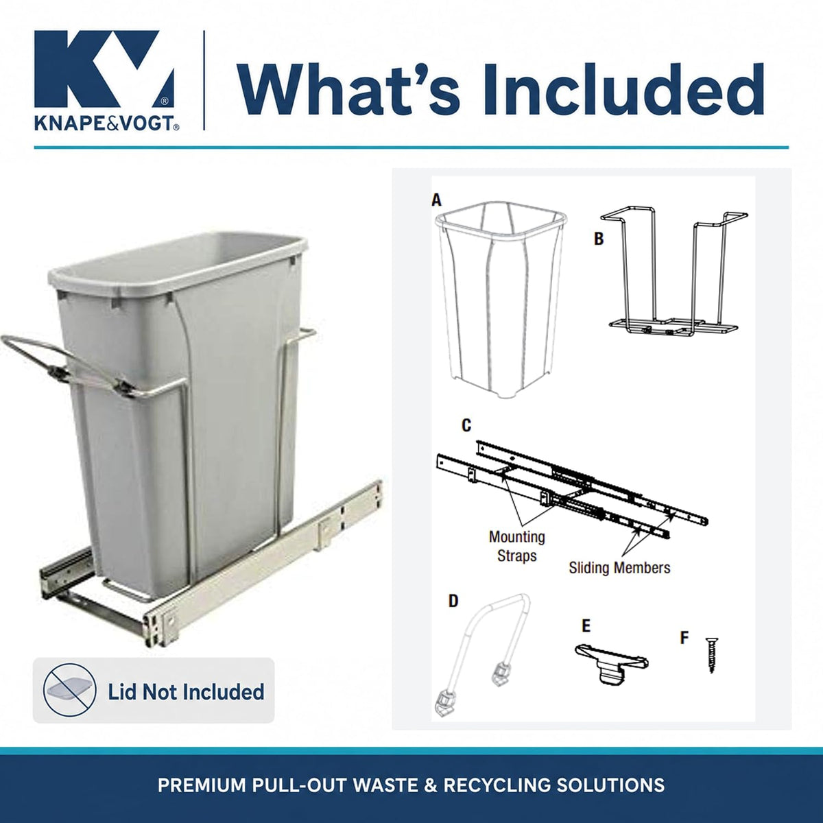 Knape & Vogt Soft-Close Pull-Out Trash Can for Cabinets, 20 Qt (5 Gallon) Bottom Mount Single Kitchen Trash Bin, 8-3/8 in. x 20-1/8 in. x 17-5/16 in., SCB9-1-20PT, Platinum