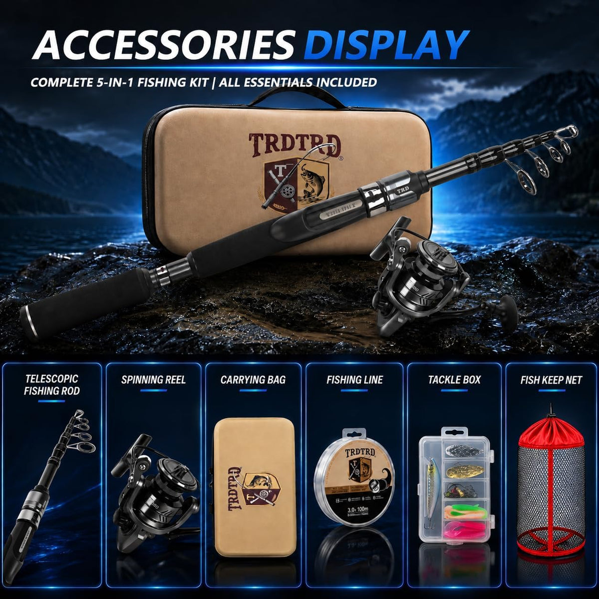 Fishing Rod and Reel Combo Kit—Telescopic Fishing Rod, Collapsible Fishing Rod, Portable Fishing Set w/Tackle Box, Lures & Bag, 4.2oz Carbon Fiber, 5.2:1 Anti-Twist Reel, Freshwater/Light Saltwater