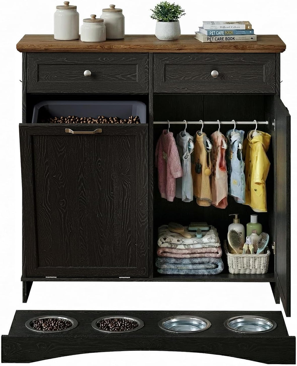 Furnaza Pet Feeding Station with 4 Bowls,Dual Doors Dog Cabinet Storage