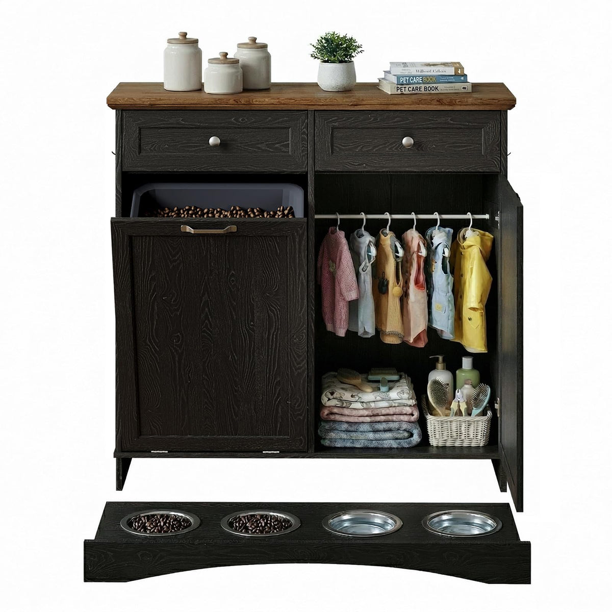 Furnaza Pet Feeding Station with 4 Bowls,Dual Doors dog cabinet storage
