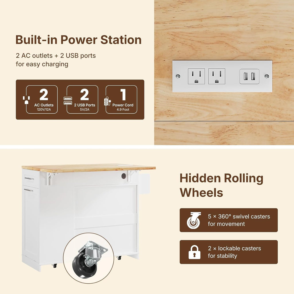 Dripex 41.5'' Kitchen Island with Power Outlet, Trash Cabinet & Storage