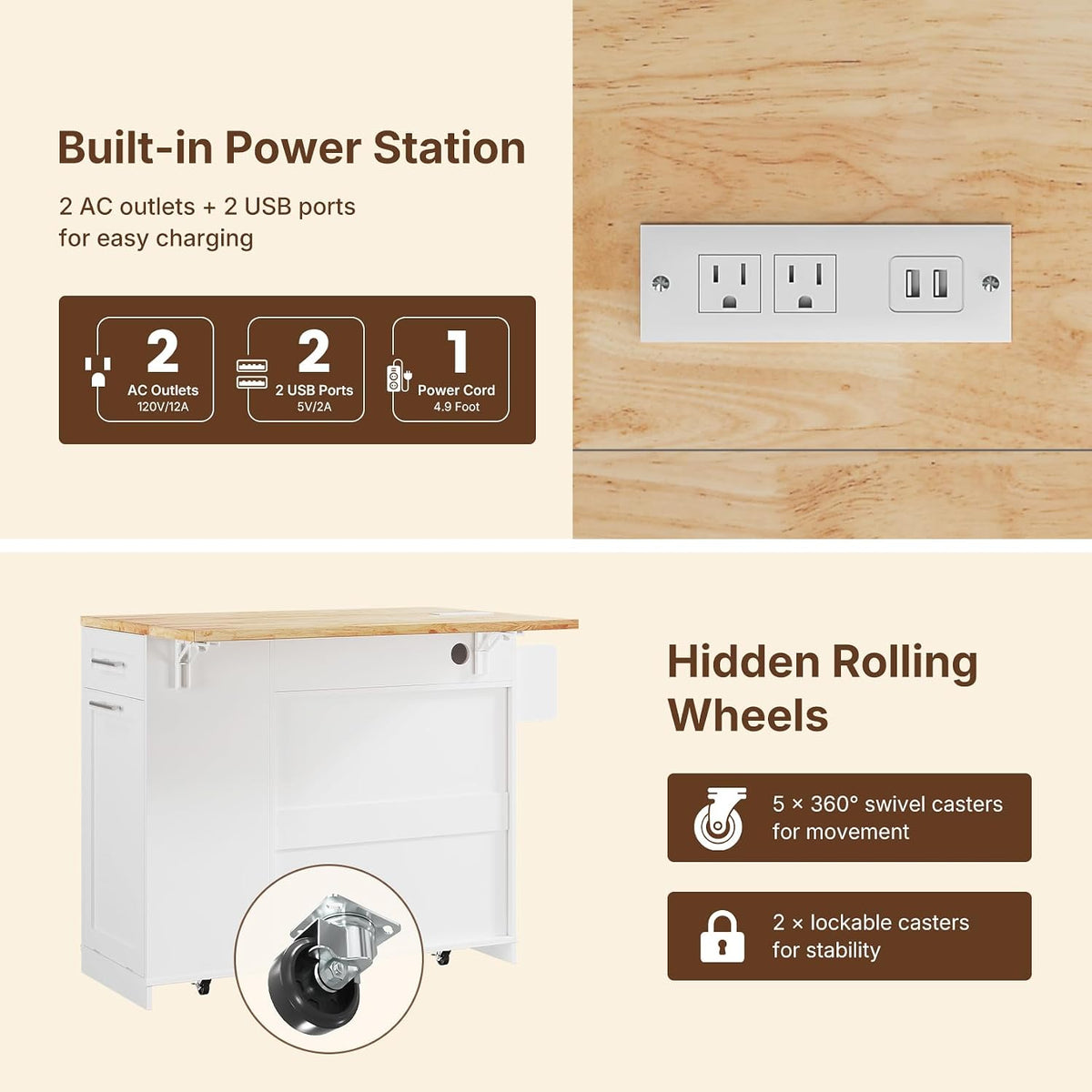 Dripex 41.5'' Kitchen Island with Power Outlet, Trash Cabinet & Storage