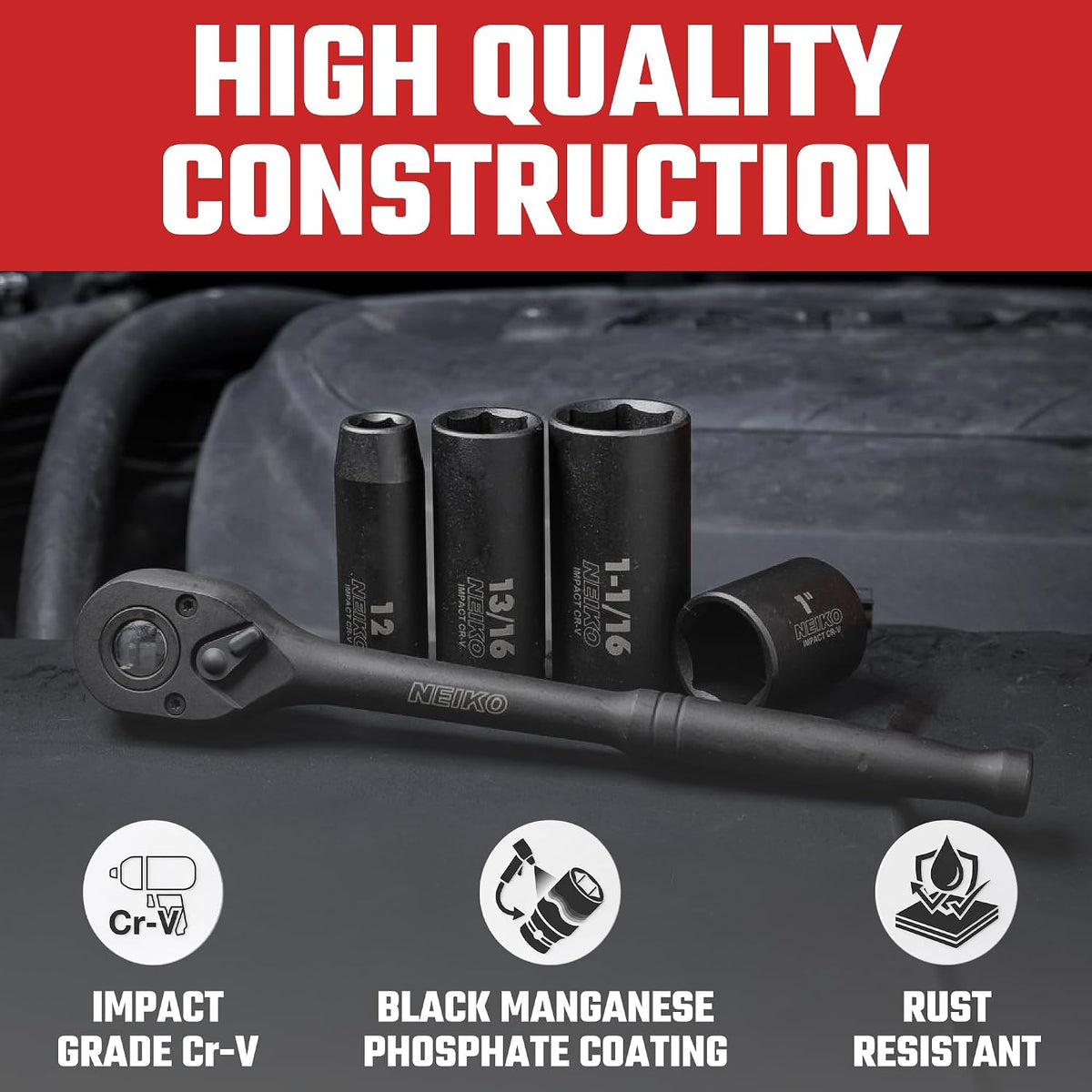 NEIKO 02448A 1/2" Drive Master Impact Socket Set, 65 Piece, Standard SAE (3/8"-1-1/4") & Metric (10-24 mm) Sizes, Deep & Shallow Kit, Includes Adapters & Ratchet Handle