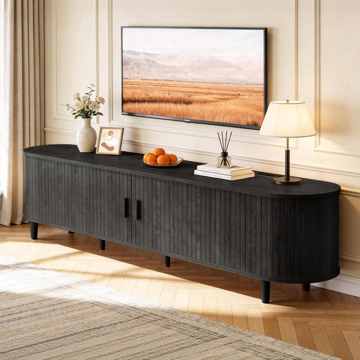 65" Mid Century Modern TV Stand with Power Outlet, Fluted Entertainment Center with Storage and Adjustable Shelves, Wood TV Console with Sliding Doors for Living Room, Walnut