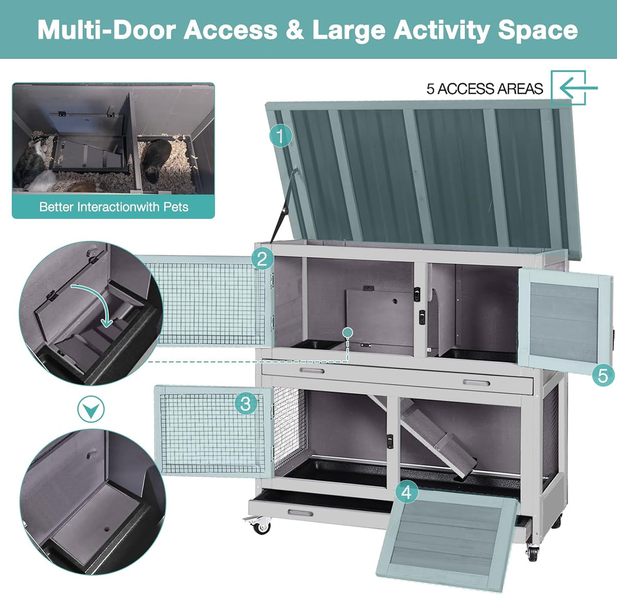 Suumerpety 2-Story Wooden Rabbit Hutch with Chew-Proof Ramp, Dual Leak-Proof Pull-Out Trays & 4 Lockable Wheels, Indoor Outdoor Bunny Cage for Rabbits & Guinea Pigs (Grey)