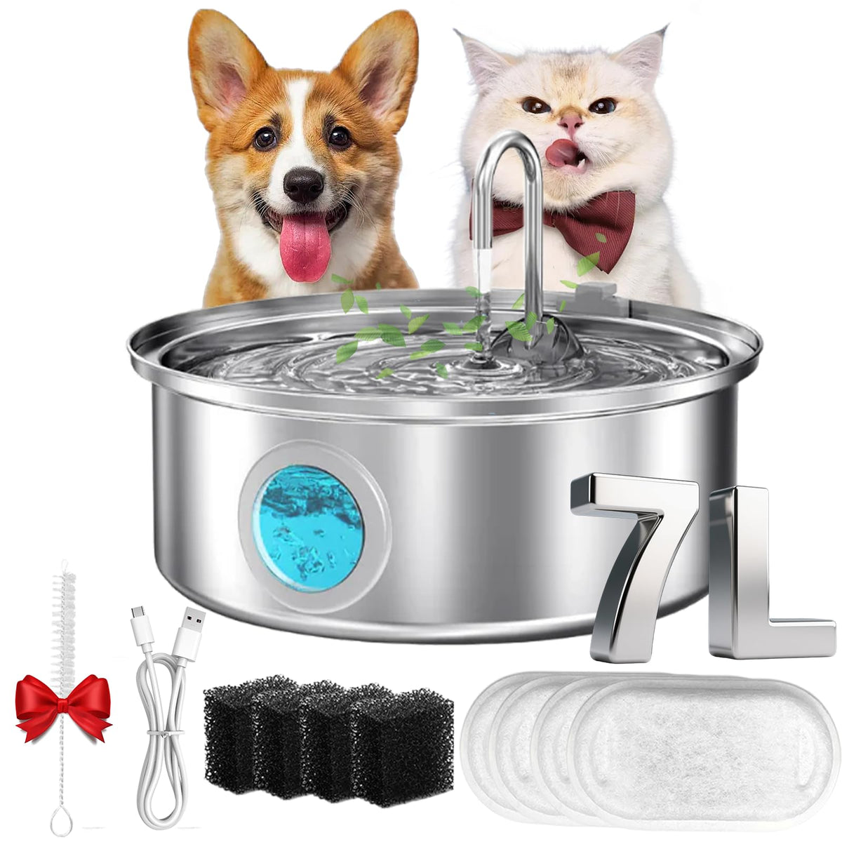 Water Fountain for Cats, 2026 New Stainless Steel Water Fountain, Ultra-Quiet Cat Fountain with 2 Filters, 3.2/7L(108/236oz) Cats Essentials Water Fountains for Cat, Dog(8Filters, 7L)