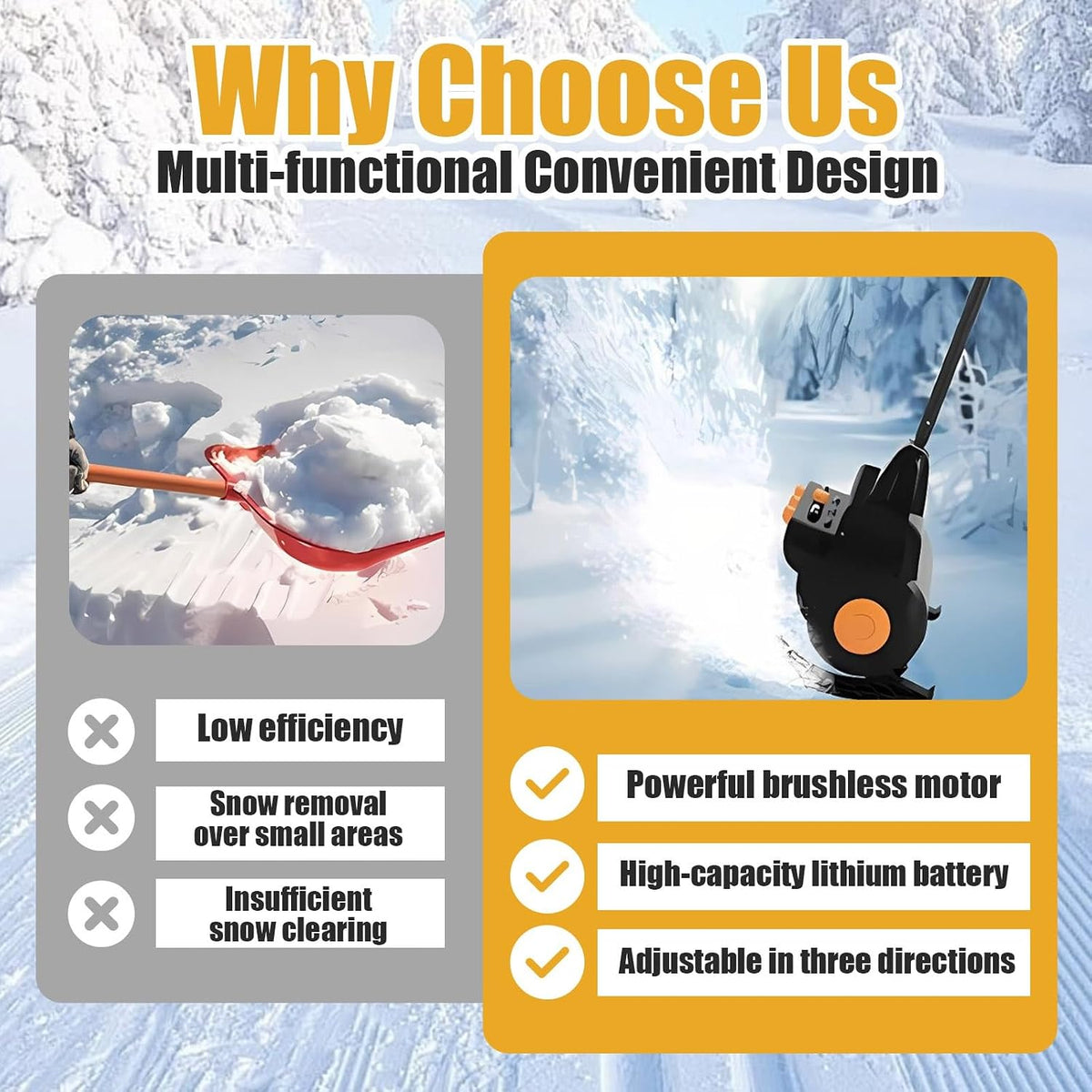 Battery Powered Snow Blower Electric Snow Thrower 21V Cordless, 16" Clearing Width, Adjustable Handle, 6" Depth, 33 Ft Throw, Lightweight Snow Shovel for Sidewalk(Battery x1)