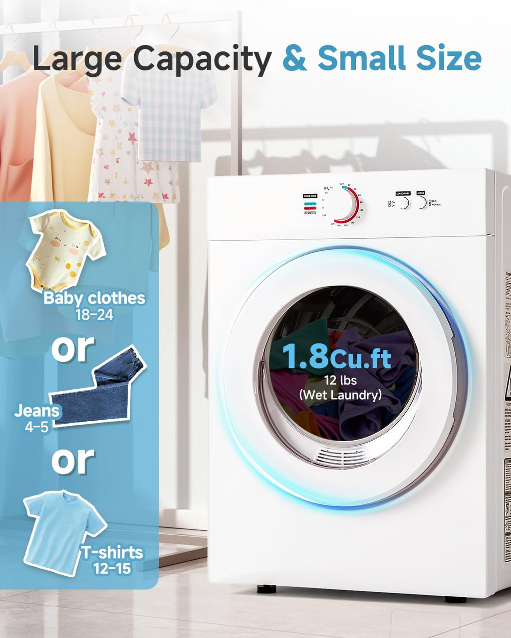 Feelfunn 1020W Portable Clothes Dryer with 4 Automatic Drying Modes