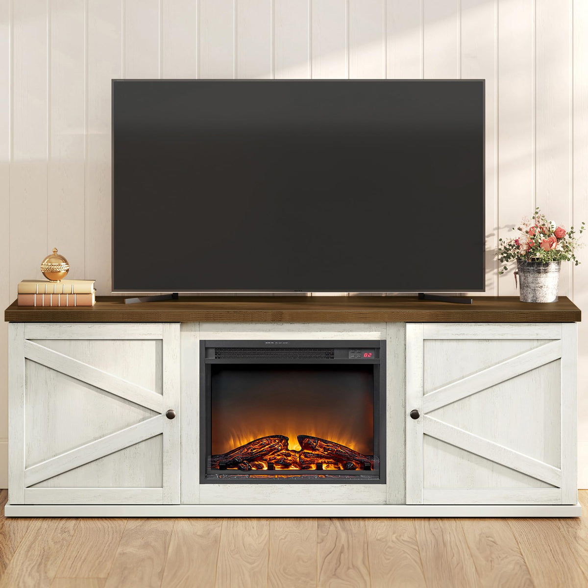VASAGLE Farmhouse TV Stand for 65'' TV, Media Console, Sliding Barn Doors