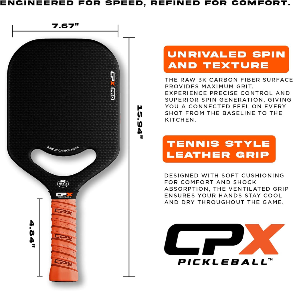 CPX Pro Carbon Fiber Pickleball Paddle - Professional Grade, Matte Finish, Honeycomb Core, Tennis Style Grip - Edgeless Paddle Designed in Chicago, USA