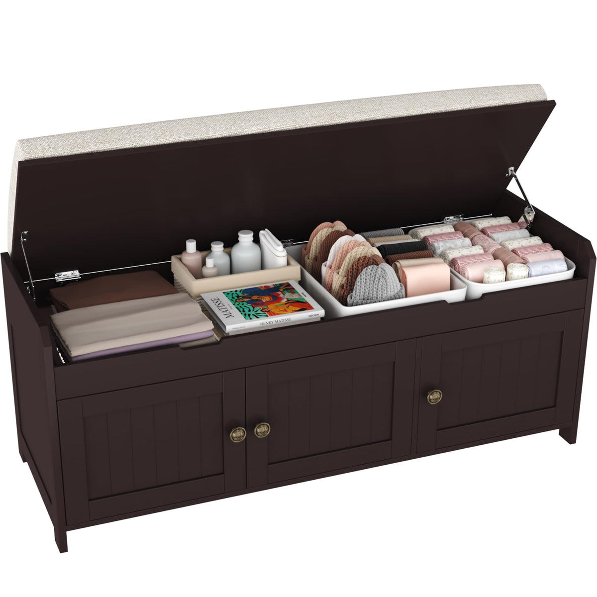 HOMEFORT 54.4" Shoe Bench with Lift Top Storage, Entryway Bench with Cushioned Seat, Wooden End of Bed Bench, Shoe Cabinet Bench with Hidden Storage Space, for Bedroom, Hallway,White