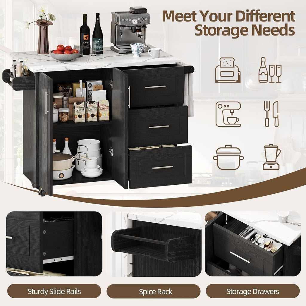 43" Kitchen Island on Wheels, Rolling Kitchen Island with Drop Leaf, Black