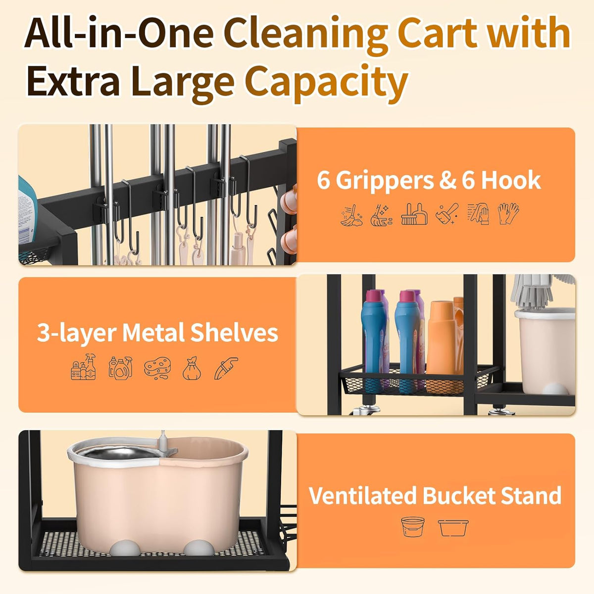 Broom Holder with Cleaning Supplies Organizer, 30.7"Wx11.8"Dx34.6"H