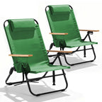 2 Pack Premium 5-Position Reclining Camping Chair - Portable Folding Lightweight Outdoor Chair with Wooden Armrests, Headrest & Pockets, 350lbs Heavy Duty for Beach, Patio, Backyard, Black