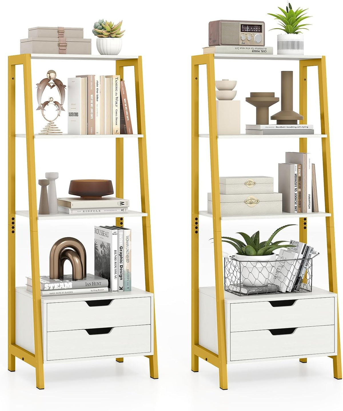 GIANTEX 4-Tier Bookshelf with 2 Drawers Set of 2, Modern Ladder Bookshelf w/Storage, Sturdy Metal Frame, Anti-toppling Devices, Display Standing Shelf Unit, Freestanding Bookcase, White & Gold