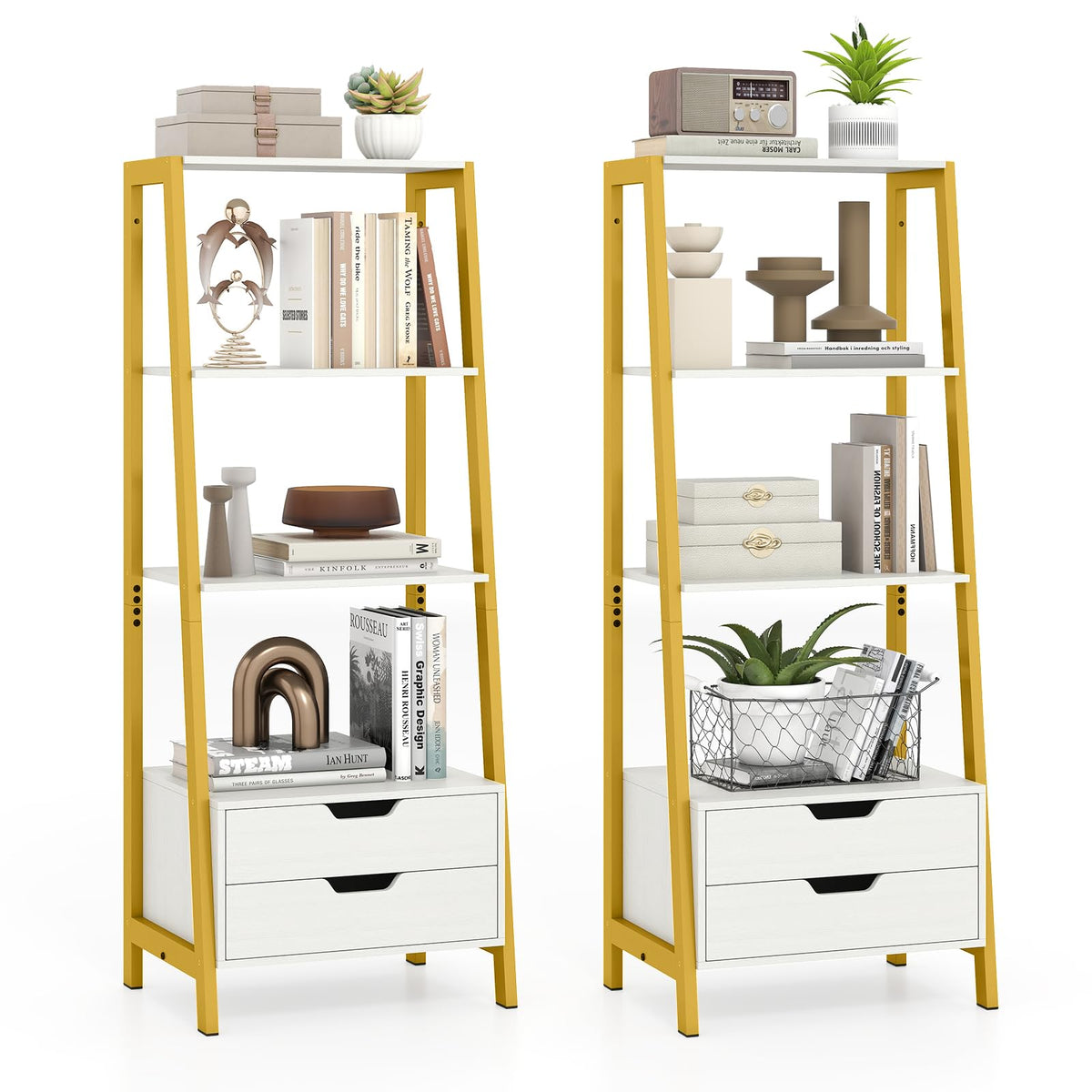 GIANTEX 4-Tier Bookshelf with 2 Drawers Set of 2, Modern Ladder Bookshelf w/Storage, Sturdy Metal Frame, Anti-toppling Devices, Display Standing Shelf Unit, Freestanding Bookcase, White & Gold
