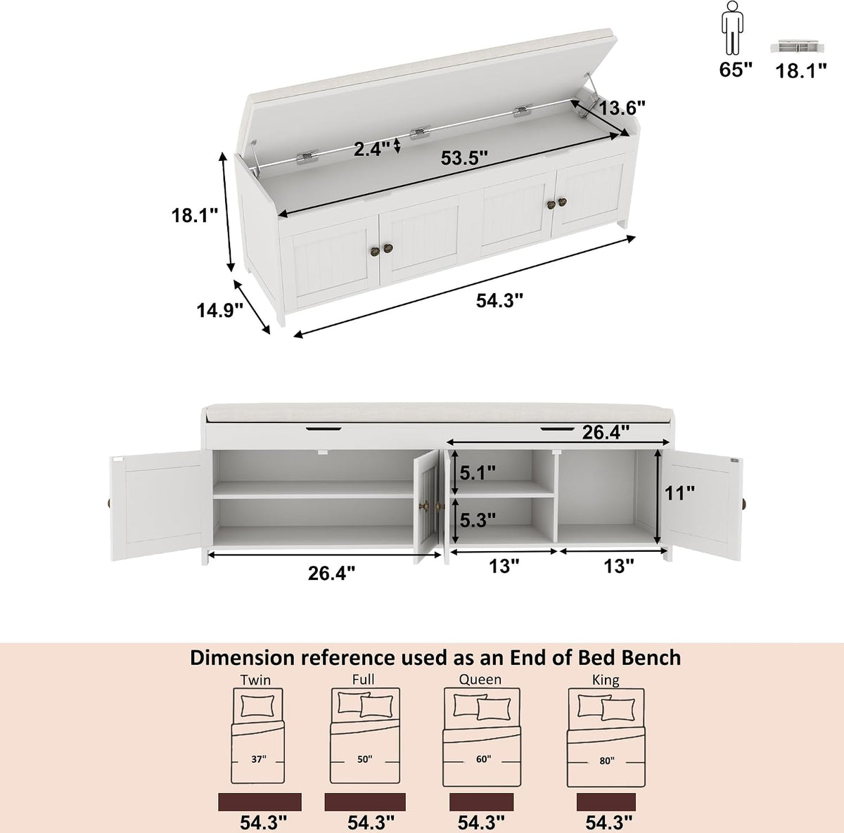 HOMEFORT 54.4" Shoe Bench with Lift Top Storage, Entryway Bench with Cushioned Seat, Wooden End of Bed Bench, Shoe Cabinet Bench with Hidden Storage Space, for Bedroom, Hallway,White