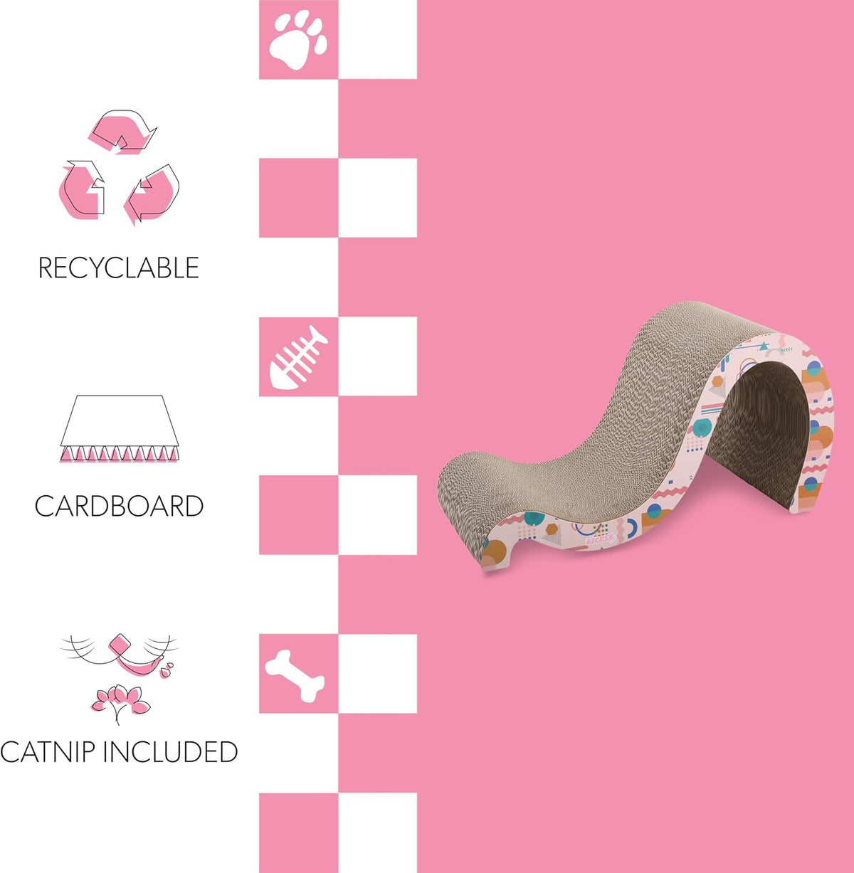 CSR1013D Kona 27" Modern Cardboard Double-Sided Wave Cat Scratcher with Catnip, Pattern Party
