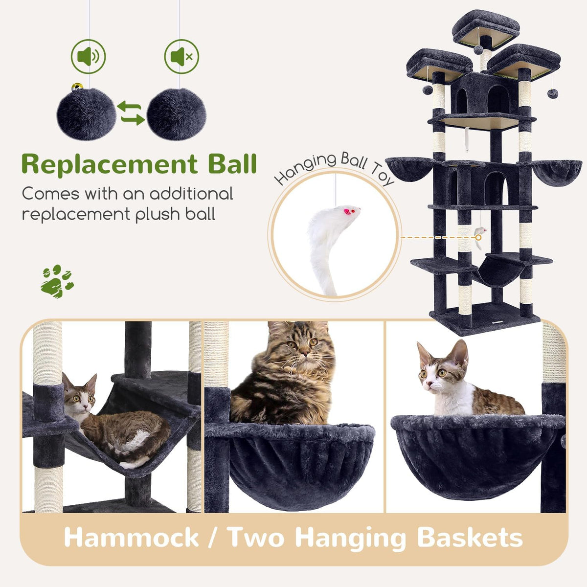 Globlazer Big XXL Cat Tower for Indoor Multiple Cats, F80, Dark Grey