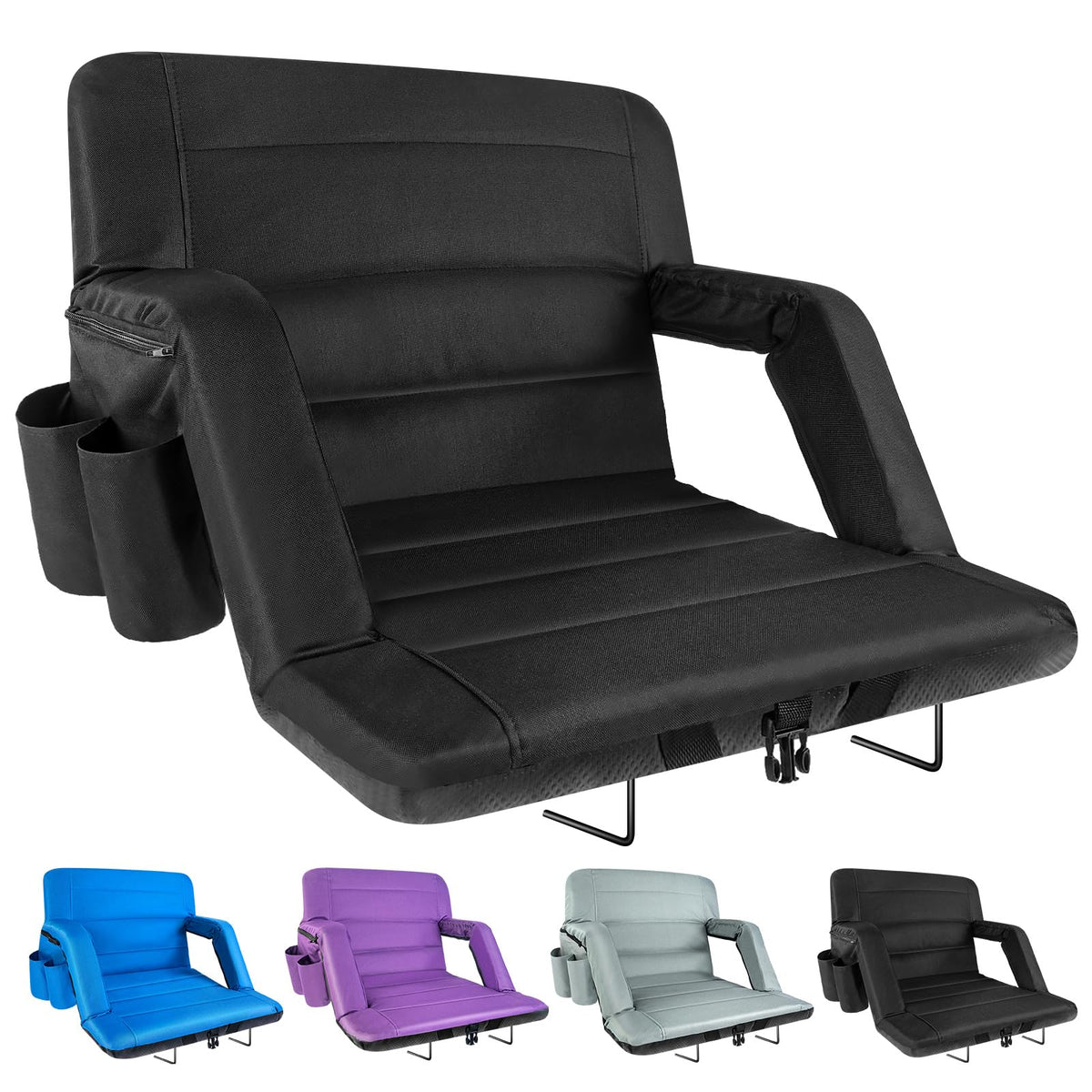 yeyeeyyee Stadium Seats with Back Support 2 Pack Wide, Exclusive Bleacher Chairs with Back and Cushion Folding Stadium Chairs, 6 Reclining Positions Waterproof Bleacher Seats (Wide|22.5" Black)