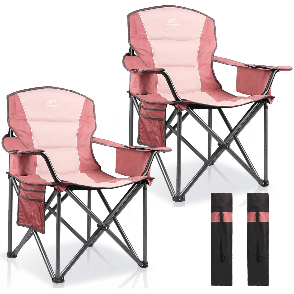2 Pack Padded Oversized Camping Chairs for Adults,Heavy Duty Support 400 Lbs,Folding Portable Lawn Chair w/Cup Holder,Cooler Bag,Side Pocket,Perfect for Outdoor Picnic,Hiking(Orange&Blue)