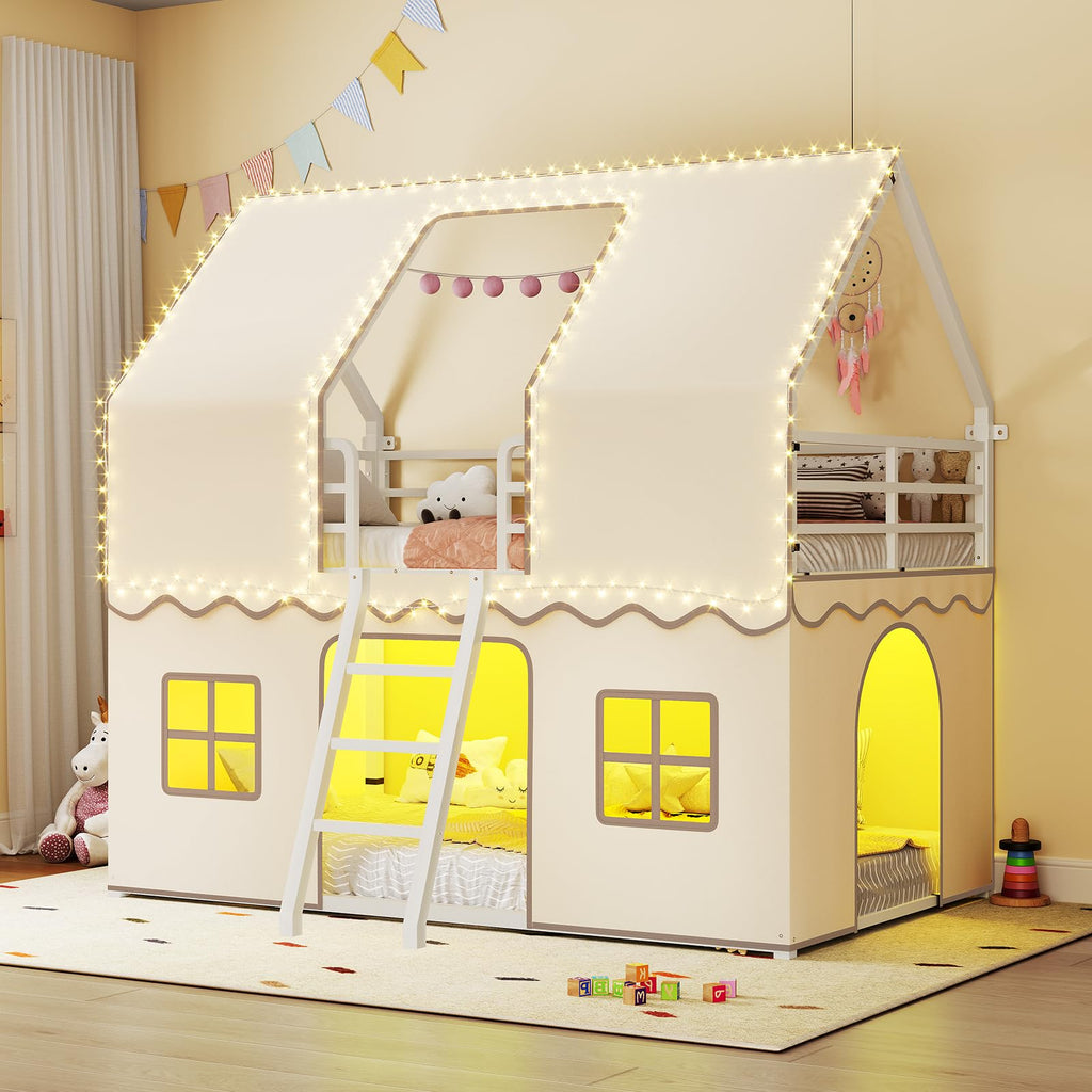 BTHFST Girls Bunk Bed Twin Over Twin, House Loft Bed with LED Lights